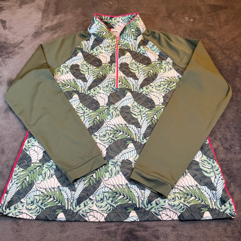 Fairway & Greene Ladies Golf Pullover Tropical Leaf Print Pink Trim Womens Large